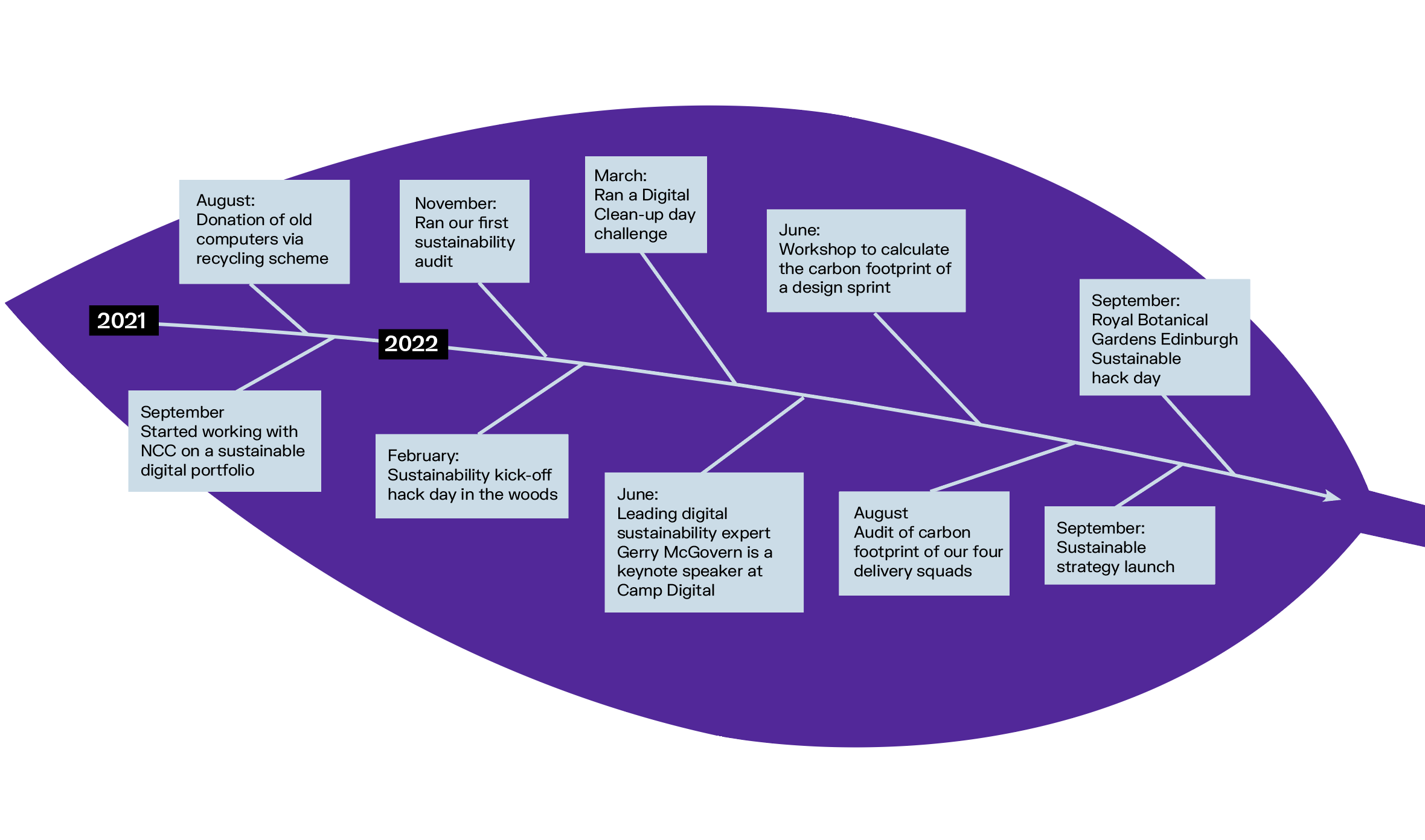 A timeline presented as a leaf, visualising our sustainability progress over the past year