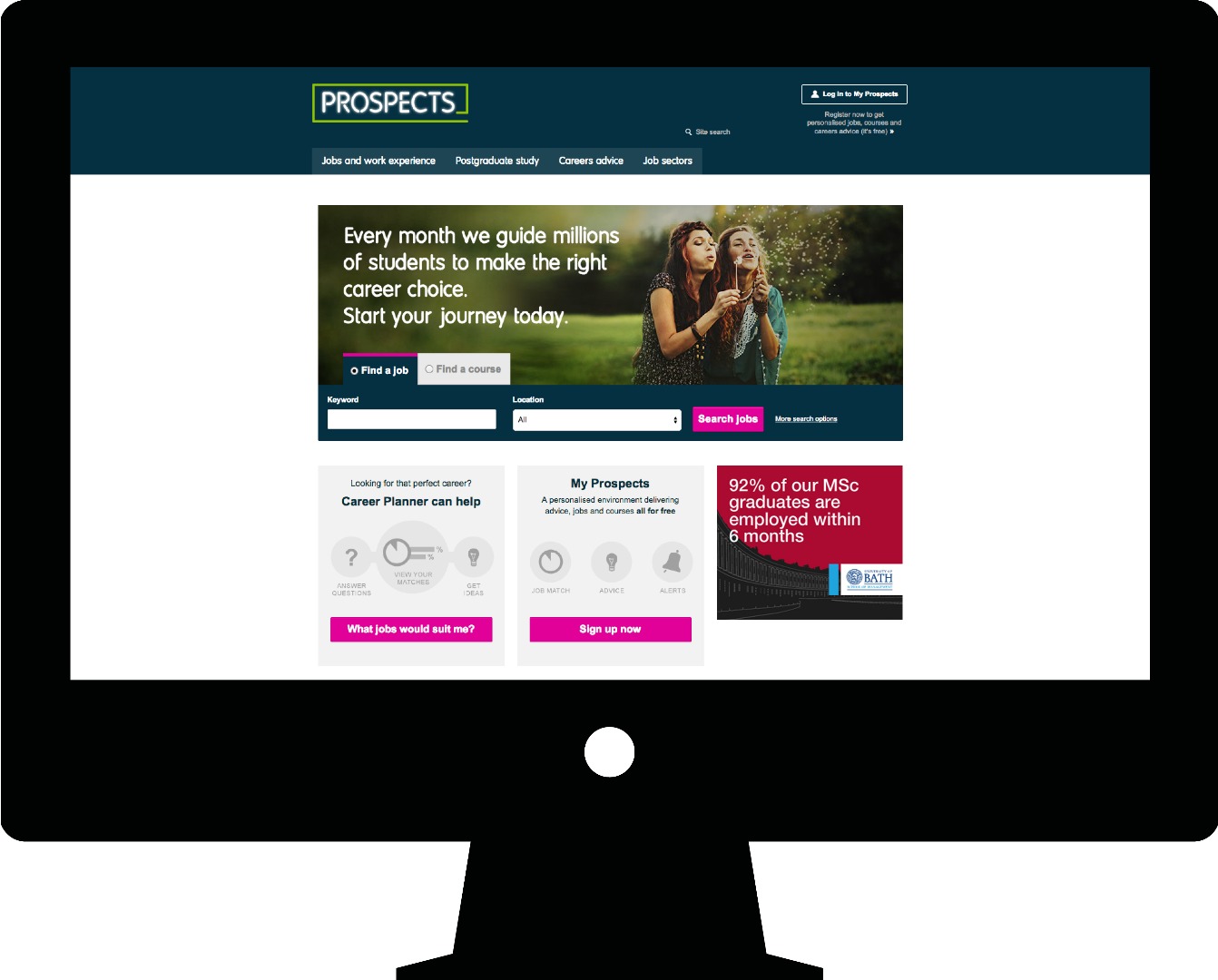 A screenshot of the Prospects website homepage showing how it will look on a monitor