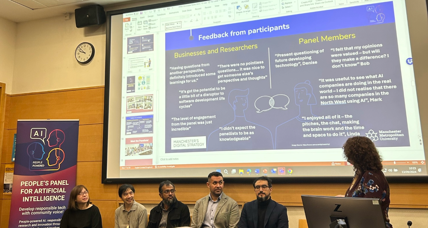 The panelists for the Peope's Panel for AI review event, seated in a row. Behind them is a slide showing feedback from participants