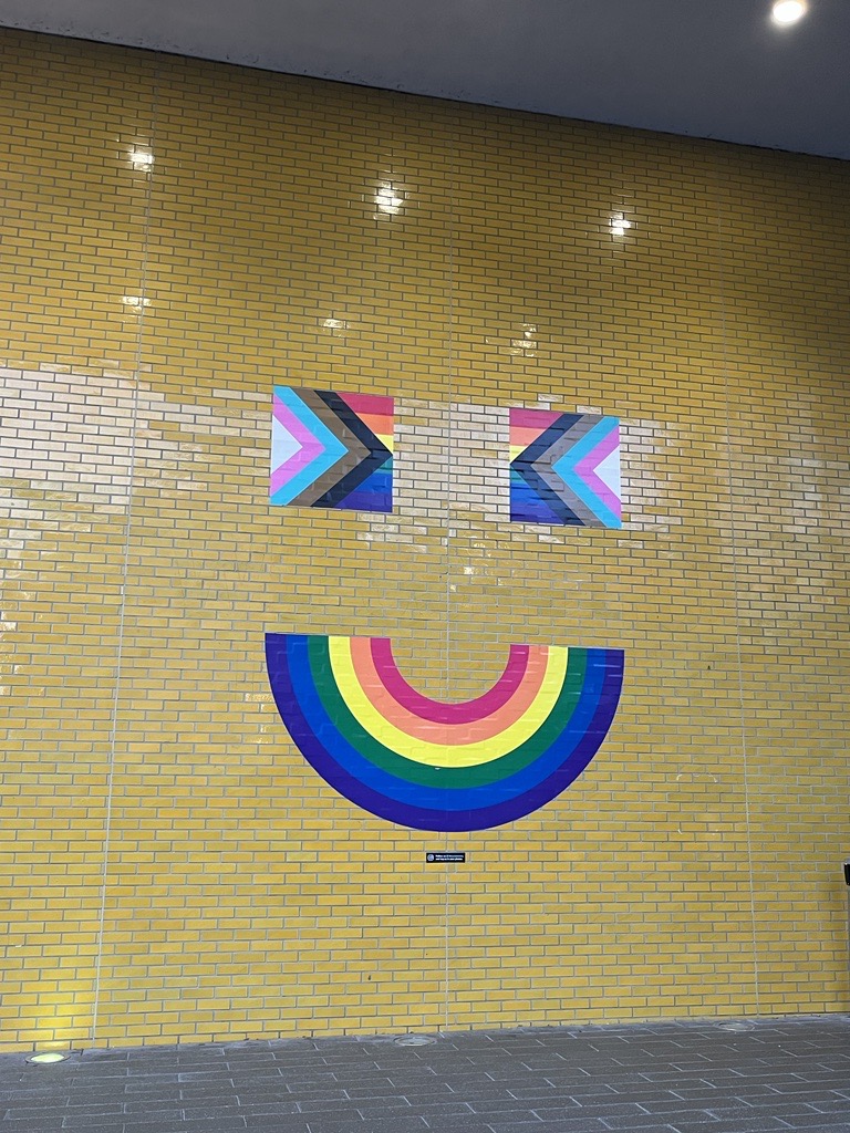 A yellow tiled building wall with a smiling mouth rainbow flag, with two eyes formed from Progress Flags. The bullding is the Manchester Metropolitan Students Union