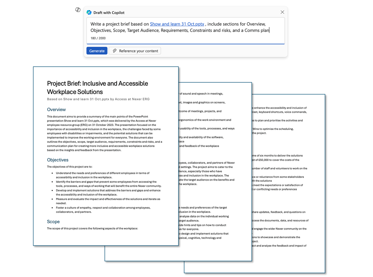 A command prompt for Copilot to write a brief based on a specific meeting, with the outputs showing Copilot has drafted a 3-page summary of a meeting about the Acces at Nexer Employee Resource Group