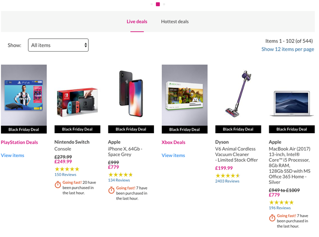 A screenshot of Very's options for sale.