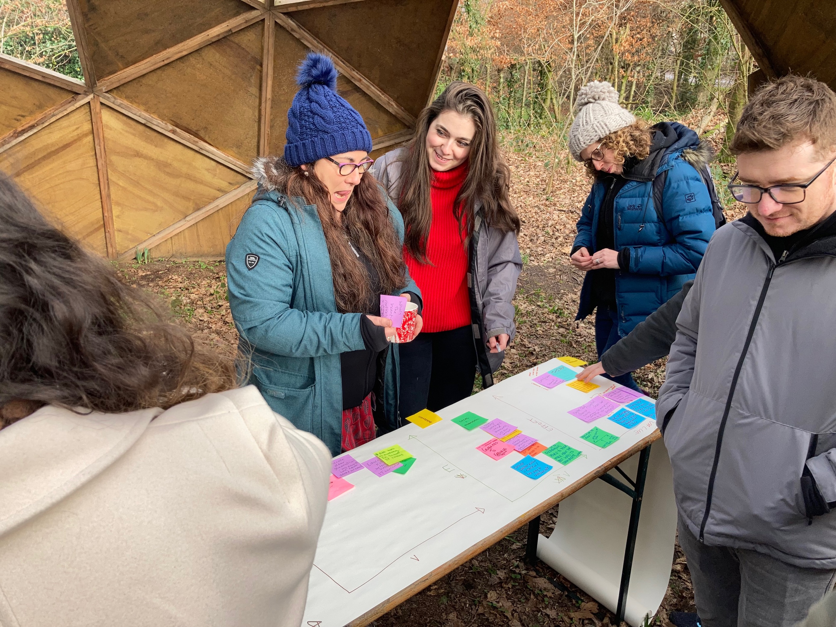 The team writing ideas on post-it notes 