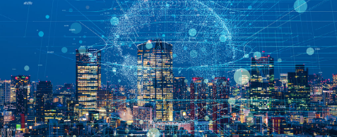 A cityscape with strings connecting buildings