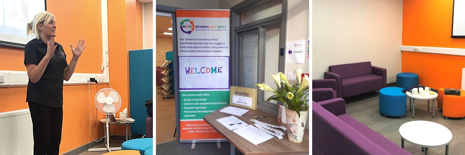 Three images show work by Women Out West. A woman gives a talk, a board shows information and a cosy room with chairs 