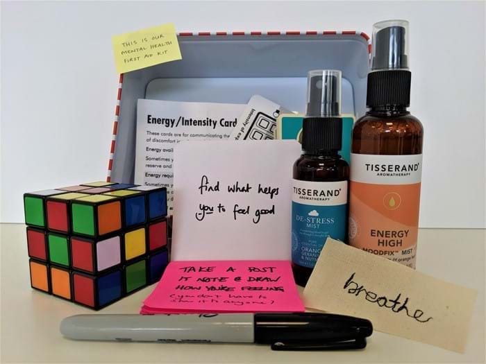 A mental health first aid kit with a rubix cube, energy mists, intensity cards and post-it notes.