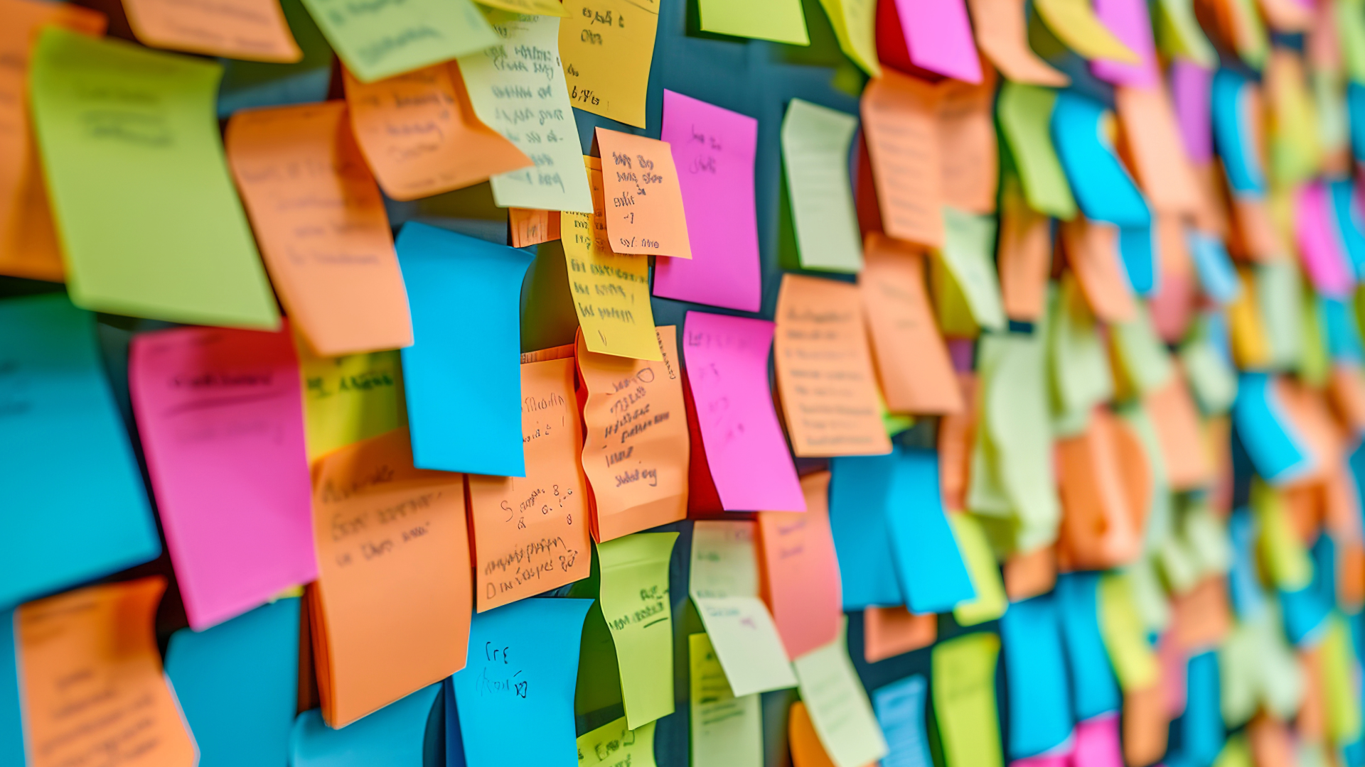 A wall of colourful post it notes, which each have writing on, though it's illegible. 