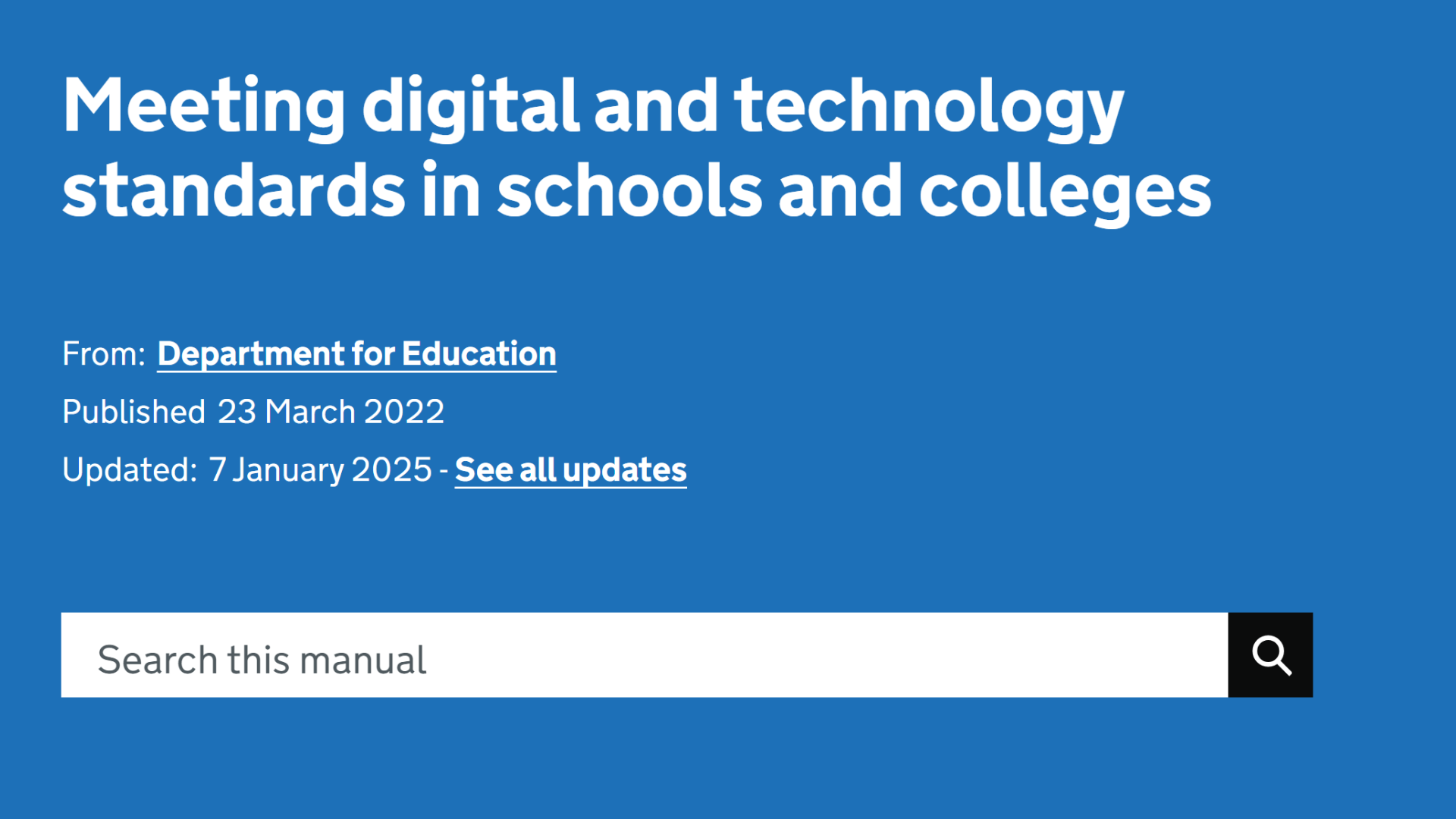 A screenshot of the Department for Education's Digital Standards landing page. Heading reads: Meeting digital and technology standards in schools and colleges