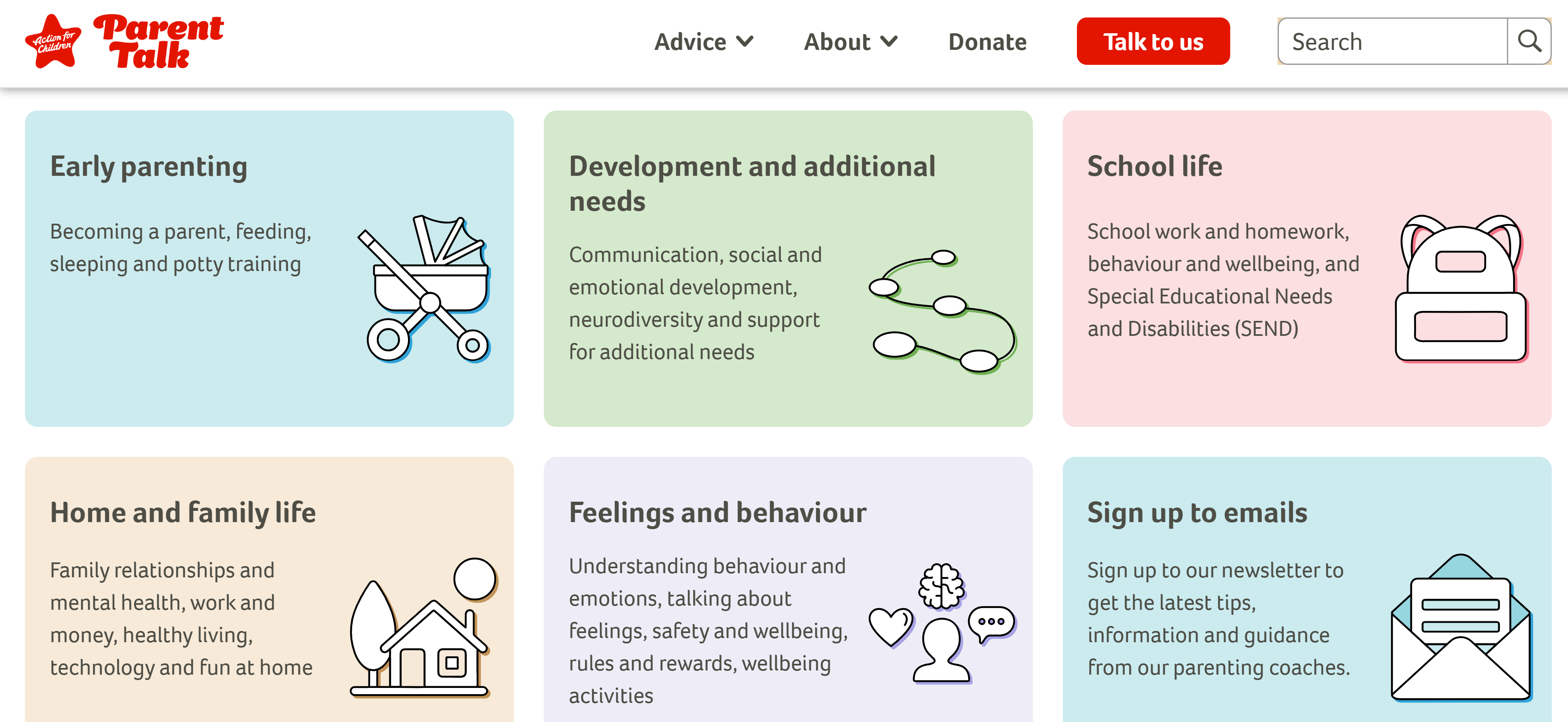 Parent Talk website homepage with six coloured boxes linking to advice topics. Categories shown are: Early parenting, Development and additional needs, School life, Home and family life, Feelings and behaviour, and Sign up to emails. Each box has a short description and an icon, such as a pram for early parenting and a backpack for school life.
