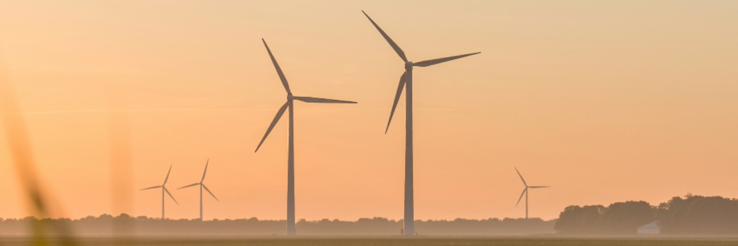 Wind turbines in a field in front of a golden sunset sky