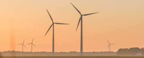 Wind turbines in a field in front of a golden sunset sky