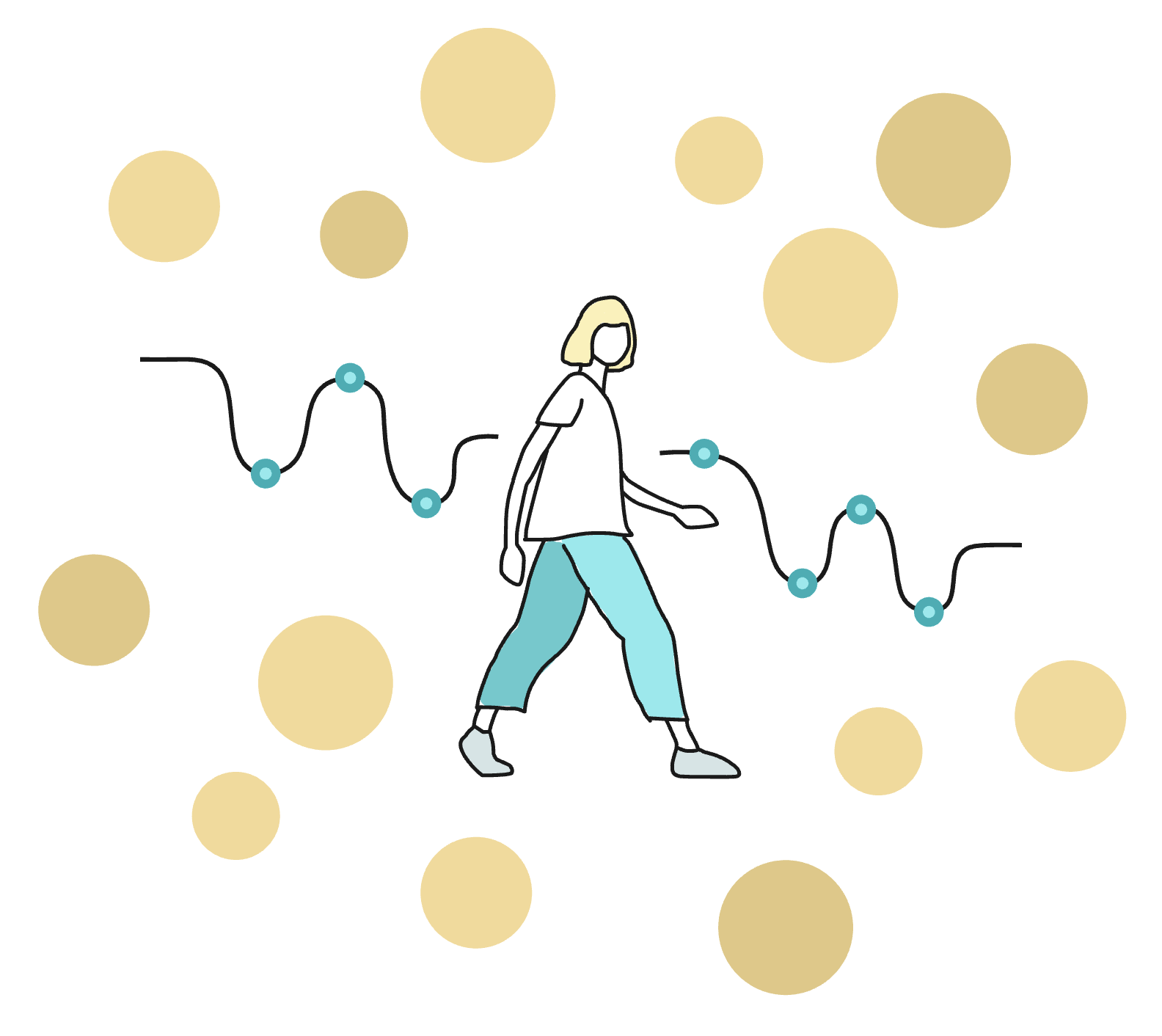 An illustration of a person walking. Behind them a line of connected dots illustrated a user journey