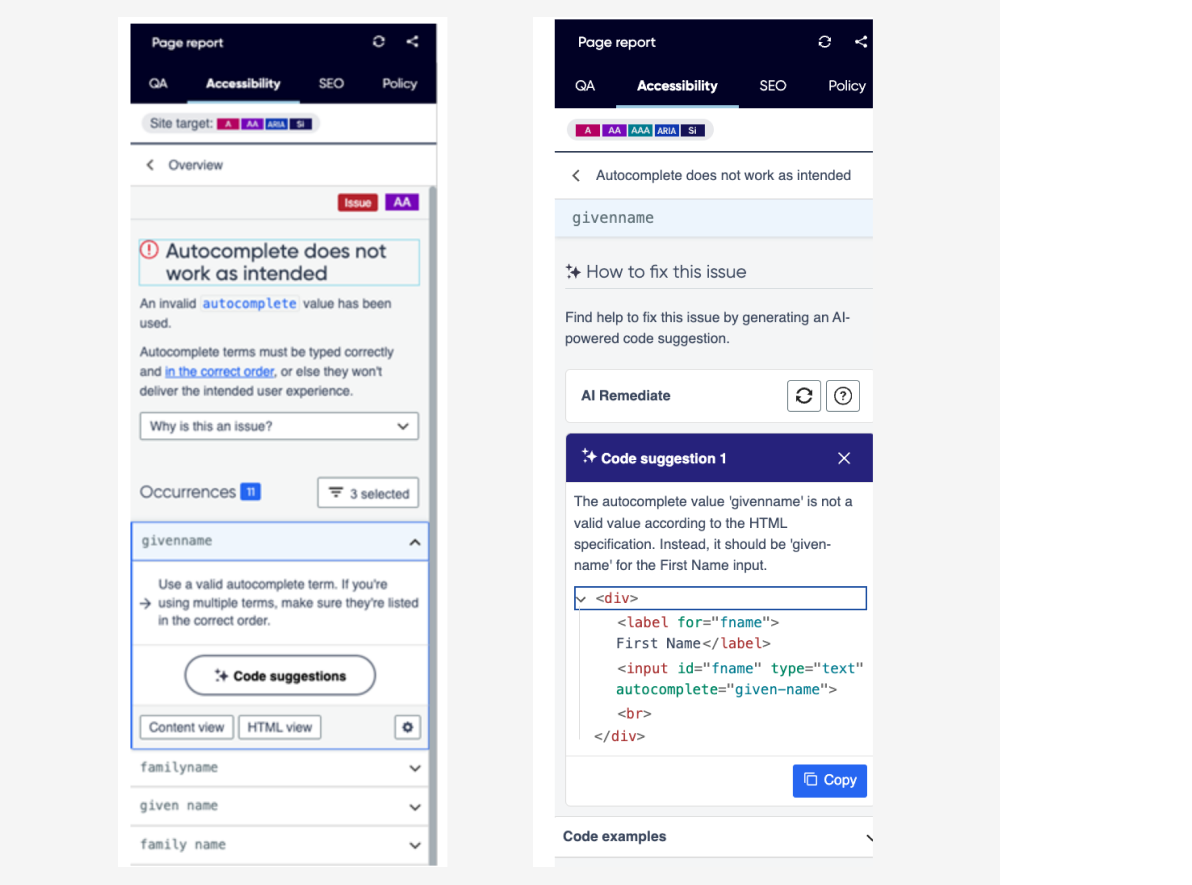 Screengrabs show Siteimproves AI Remediate Tool flagging accessibility issues and offering generic code solutions