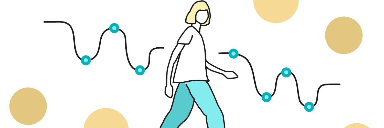 An illustration of a person walking. Behind them a line of connected dots illustrates a user journey