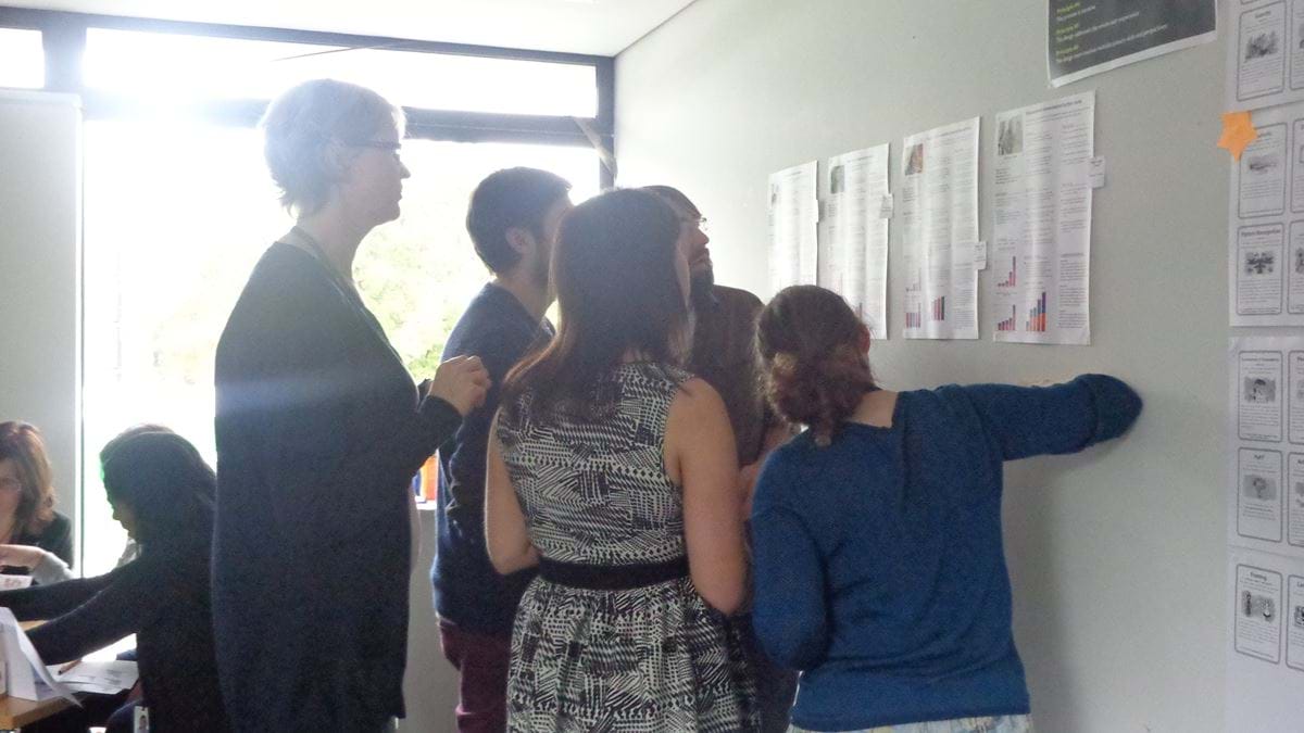 Five people looking at and discussing printed website pages on a wall in a design workshop
