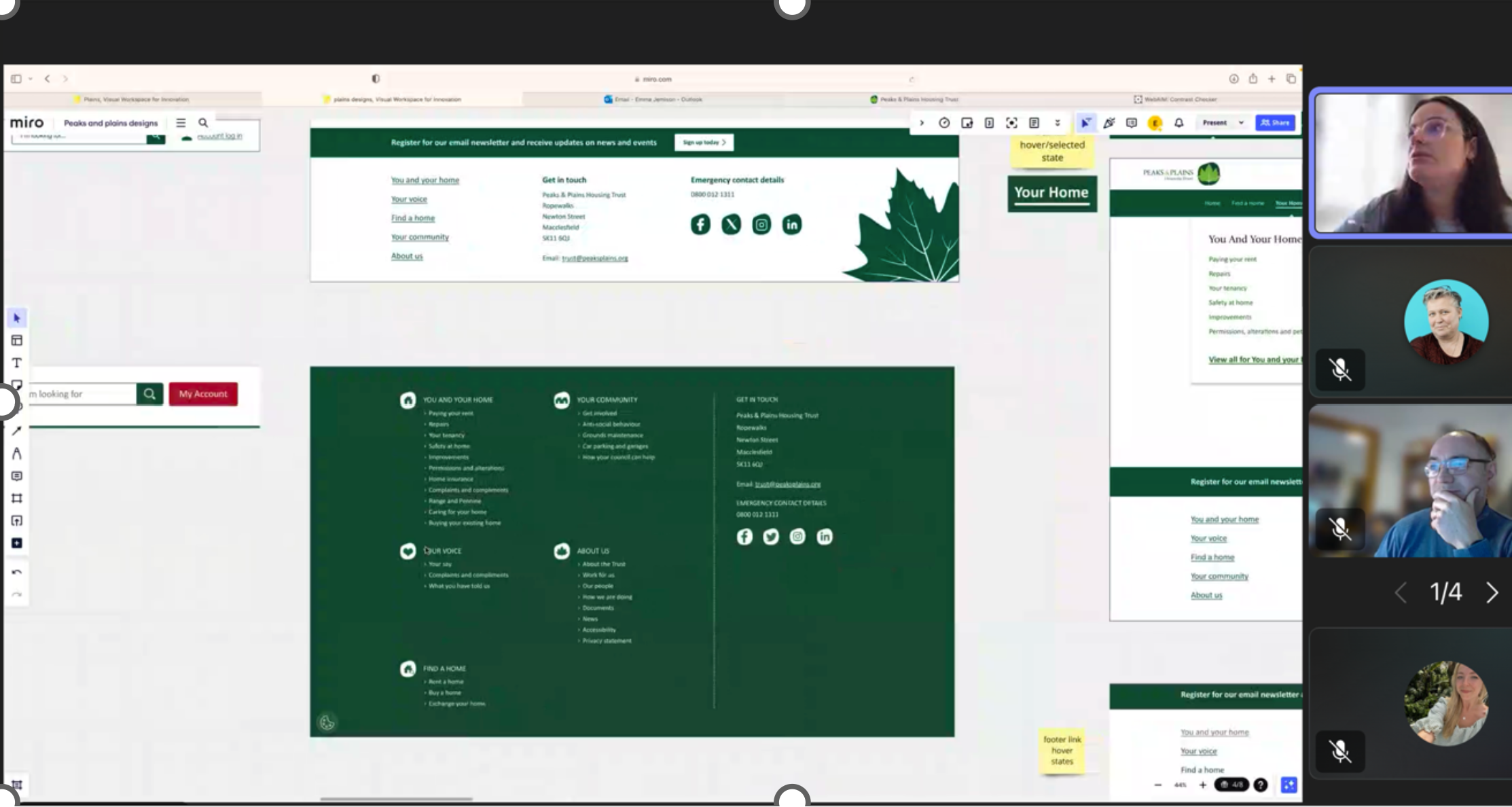 A screenshot showing a Teams call and a Miro board with designs for Peaks & Plains
