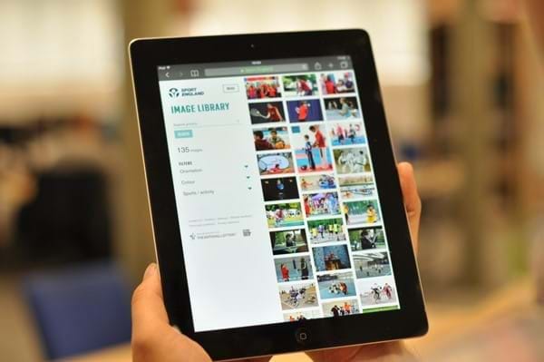 A screenshot of the Sport England image library on tablet.