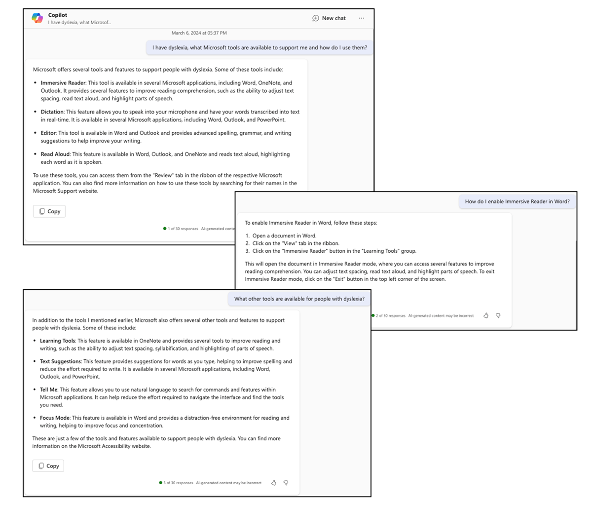 The user has prompted Copilot with questions around tools available for users with dyslexia, and how to enable immersive reader. The response shows Copilot suggesting tools and instructions for how to enable the reader