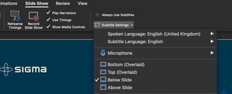 Screenshot of Microsoft PowerPoint in dark mode showing the Subtitle Settings dropdown open and additional options