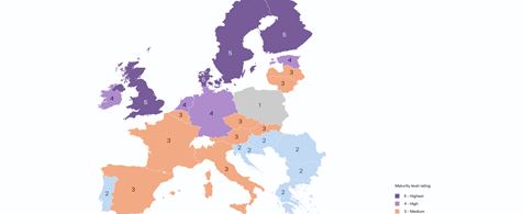 A coloured map which shows a visualisation of the ranking for each of the countries in the EU, with the UK included, on a score of 1 to 5, depending on their accessibility. The rankings are included in the blog text.